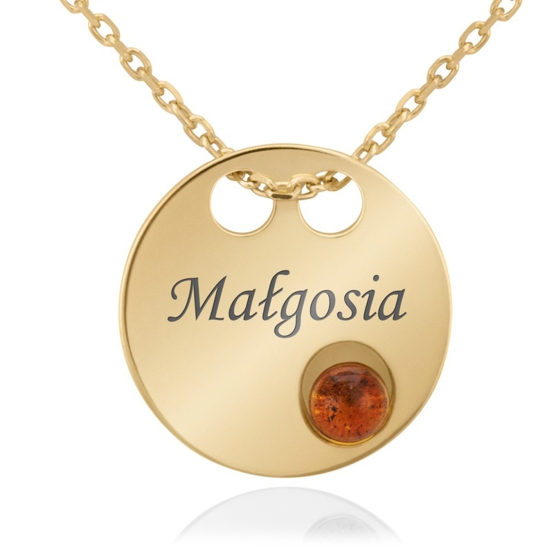 Naszyjnik celebrytka pozłacany z bursztynem, z grawerem