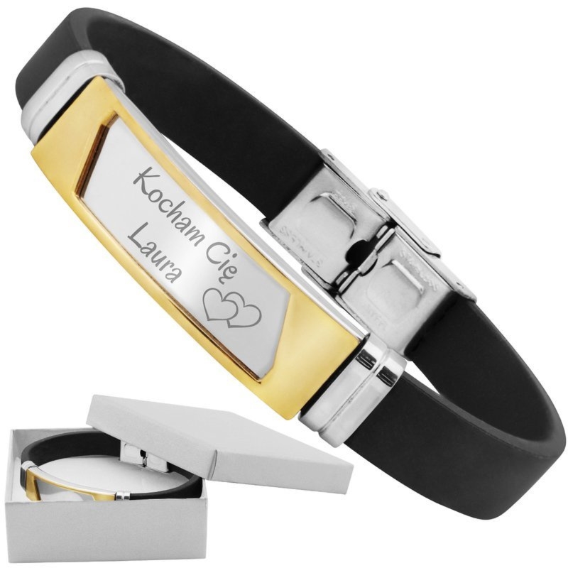 Walentynkowa bransoletka stal 316 i kauczuk srebrno-złota z grawerem