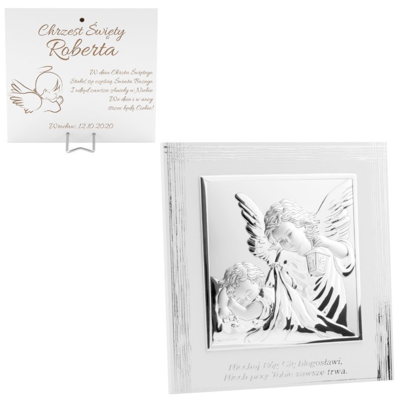 Chrzest – kwadratowy srebrny obrazek Anioł Stróż z grawerem