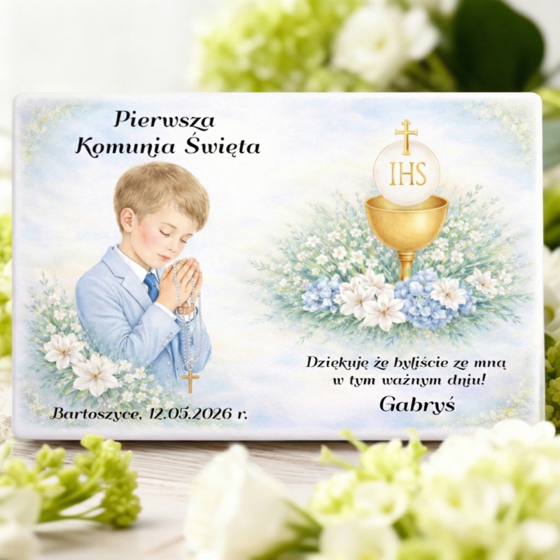 Komunijny magnes dla gości chłopca z imieniem i datą Personalizacja