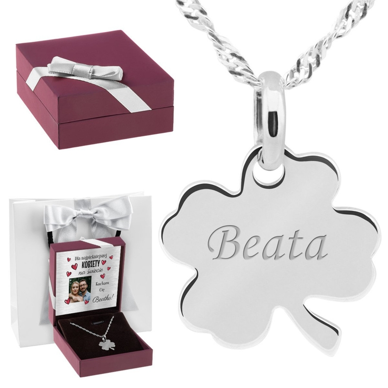 Naszyjnik koniczynka srebro pr.925 z grawerem i dedykacją