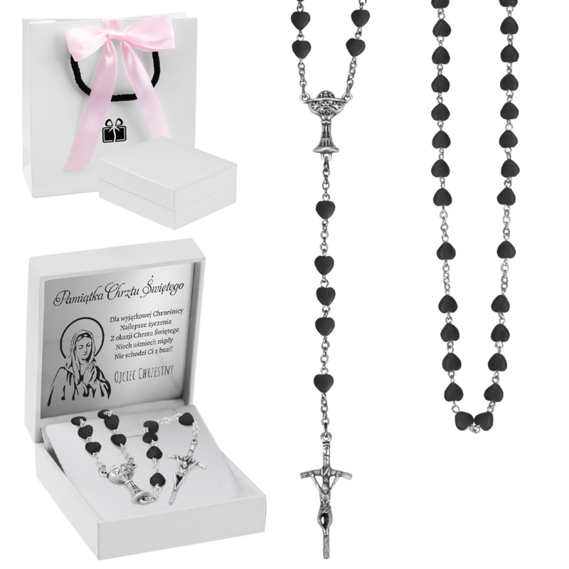 Różaniec komunijny z czarnymi paciorkami – elegancki prezent na I Komunię Świętą