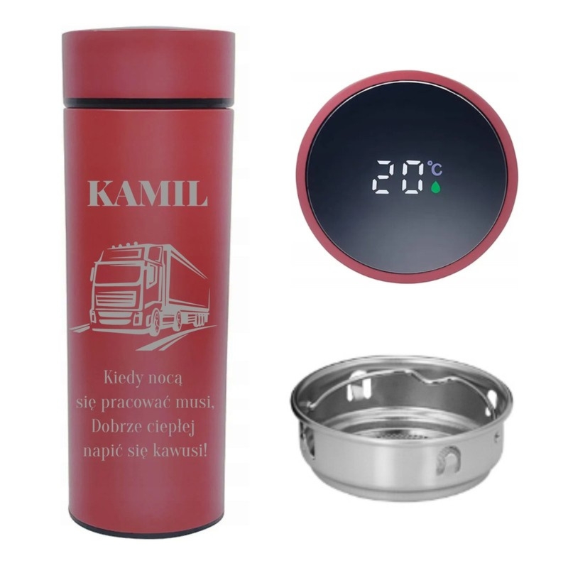 Czerwony kubek termiczny z wyświetlaczem LED i grawerem