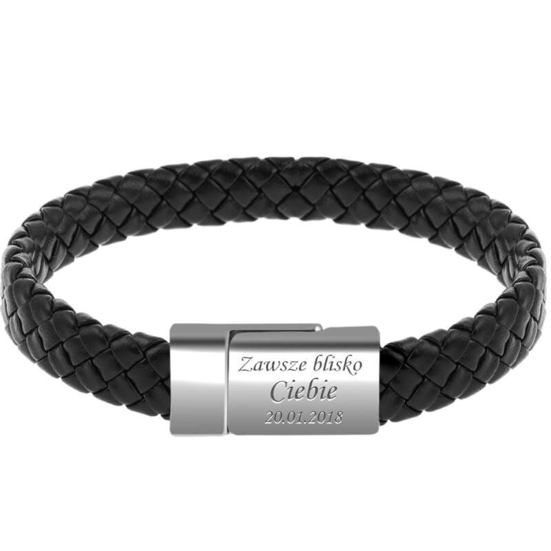 Bransoletka z ekoskóry i stali 316L warkocz z grawerem na zapięciu