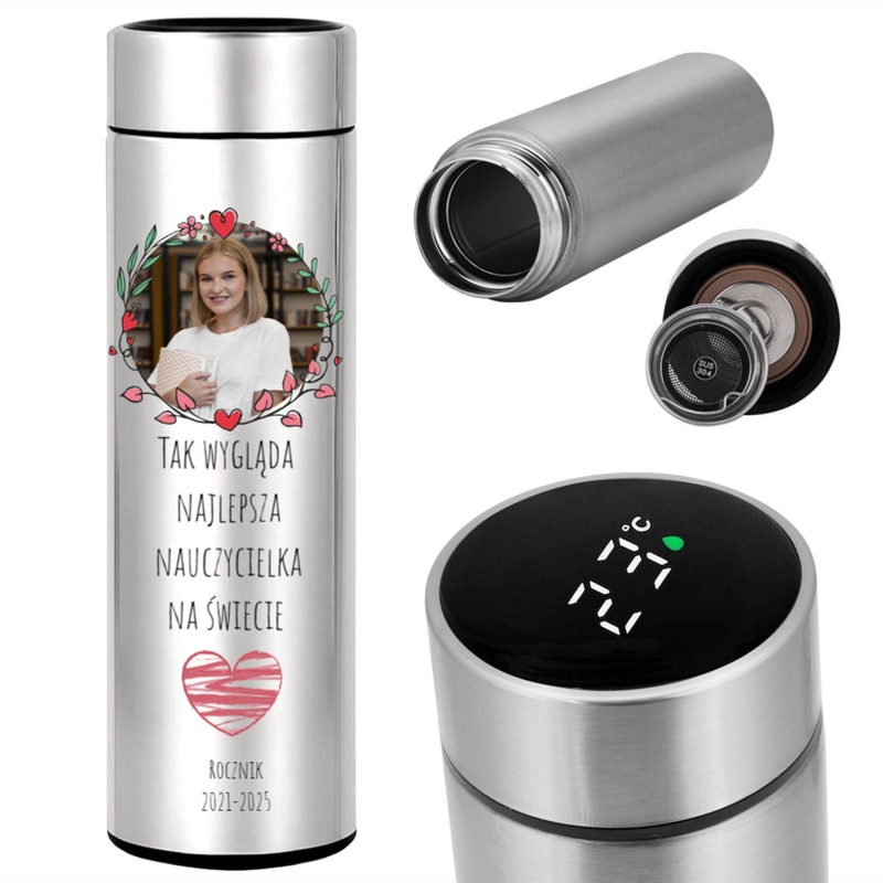 Srebrny kubek termiczny z LED dla nauczyciela z nadrukiem UV