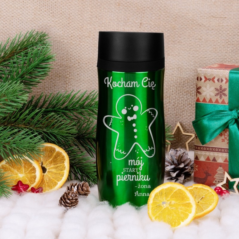 Kubek termiczny na Mikołajki Piernik zielony z grawerem