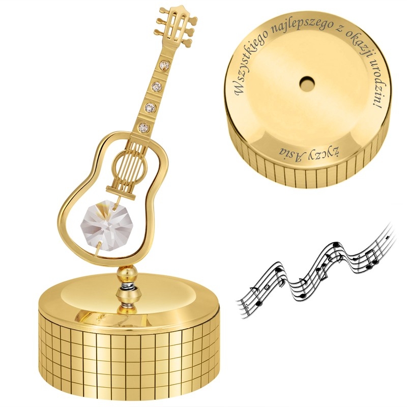 Image of Pozytywka w kształcie gitary / Pozłacana pozytywka z kryształkami / Prezent dla gitarzysty, muzyka.