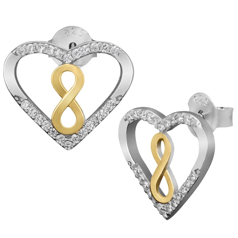 Srebrne kolczyki serce 925 z pozłacaną nieskończonością