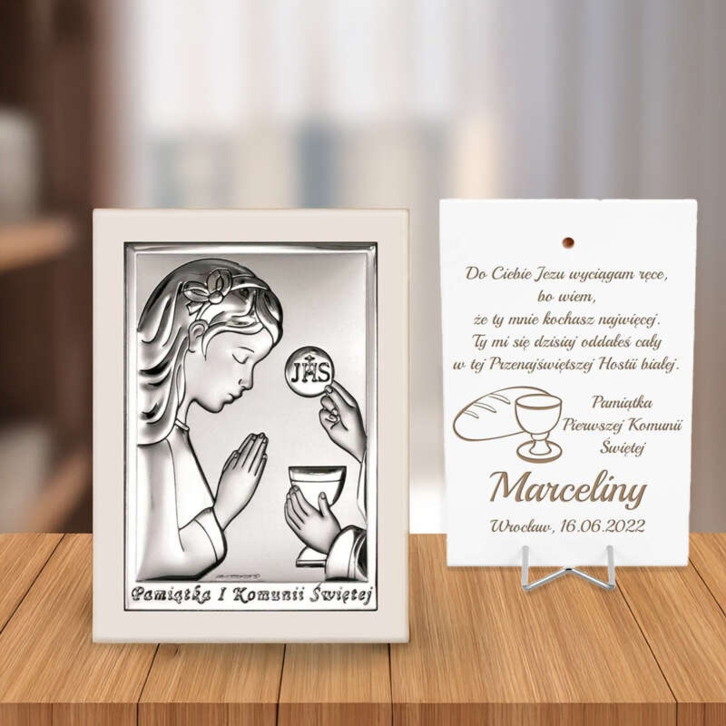 Pamiątka I Komunii: srebrny obrazek dziewczynka z grawerem