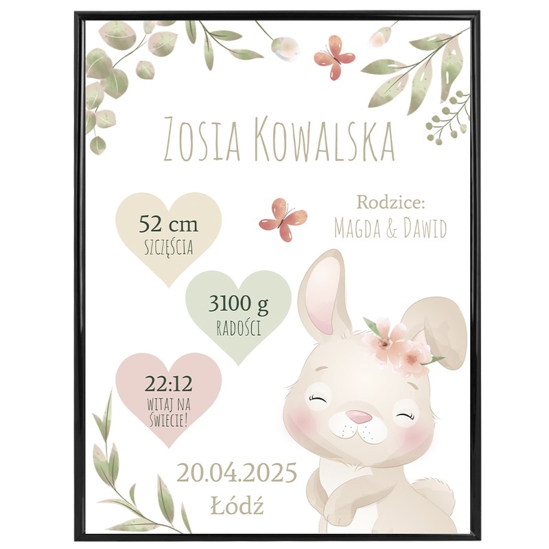 Image of Plakat Metryczka / Prezent na Narodziny / Króliczek / Prezent na Baby Shower dla Dziecka / szkło