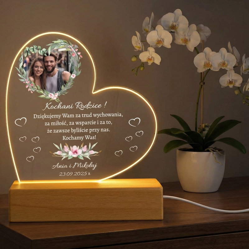 Podziękowania dla Rodziców – ramka LED serce z personalizacją