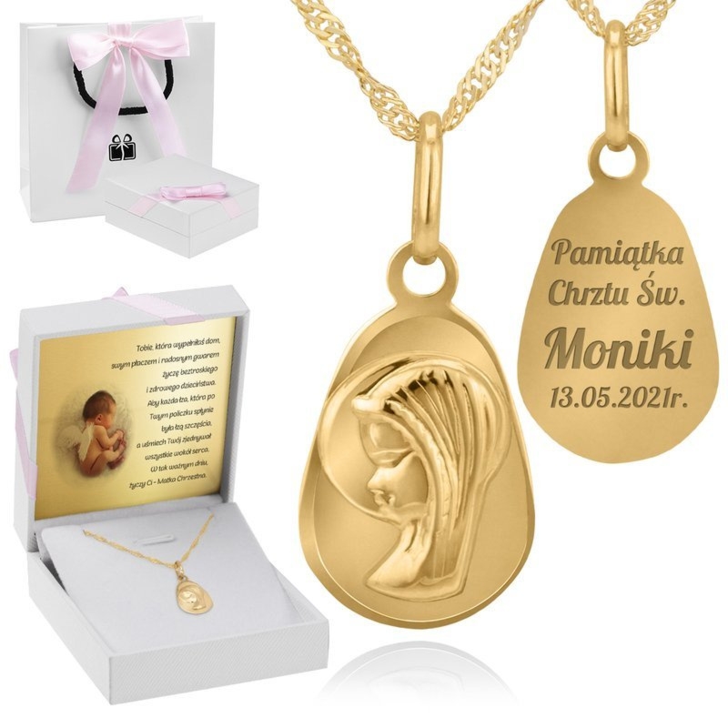 Złoty medalik z Matką Boską pr. 585 na Chrzest Dedykacja