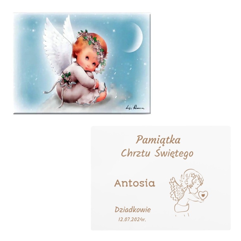 Pamiątka Chrztu: malowany obrazek aniołka Estego z grawerem