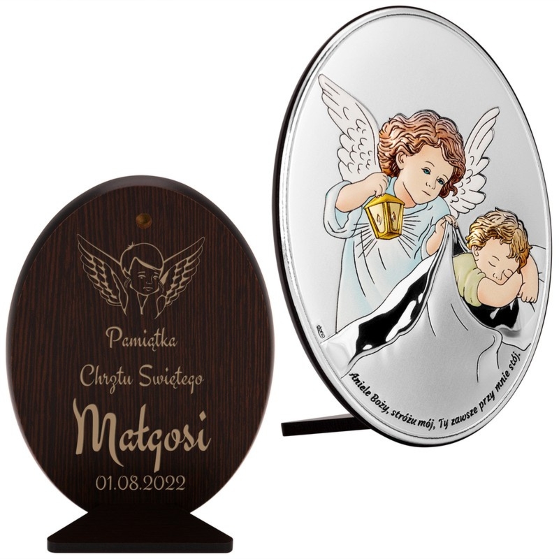 Owalny posrebrzany obrazek Anioł przy dziecku na Chrzest z grawerem