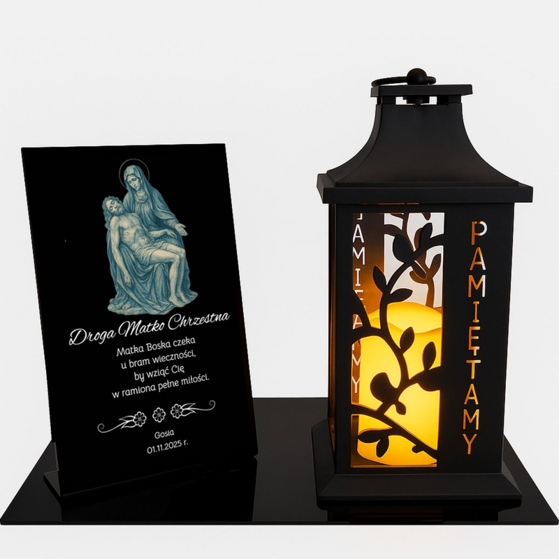 Personalizowany znicz LED z dedykacją Matka Boska z Jezusem