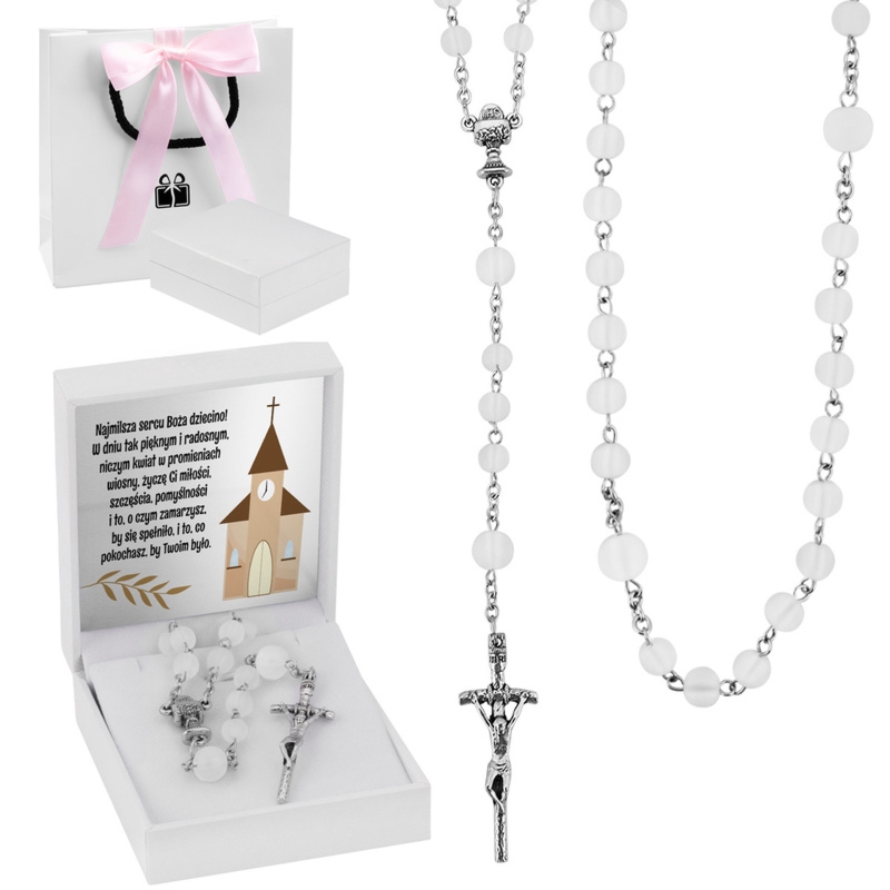 Różaniec komunijny mleczne kulki, pudełko z dedykacją + torebka