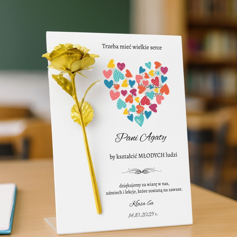 Złota róża na tabliczce z dedykacją na jubileusz i podziękowanie