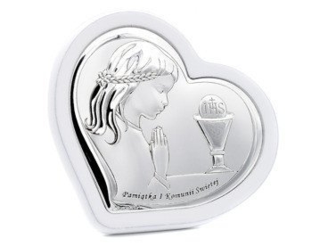 Obrazek srebrny na I Komunię – dziewczynka na białym drewnie