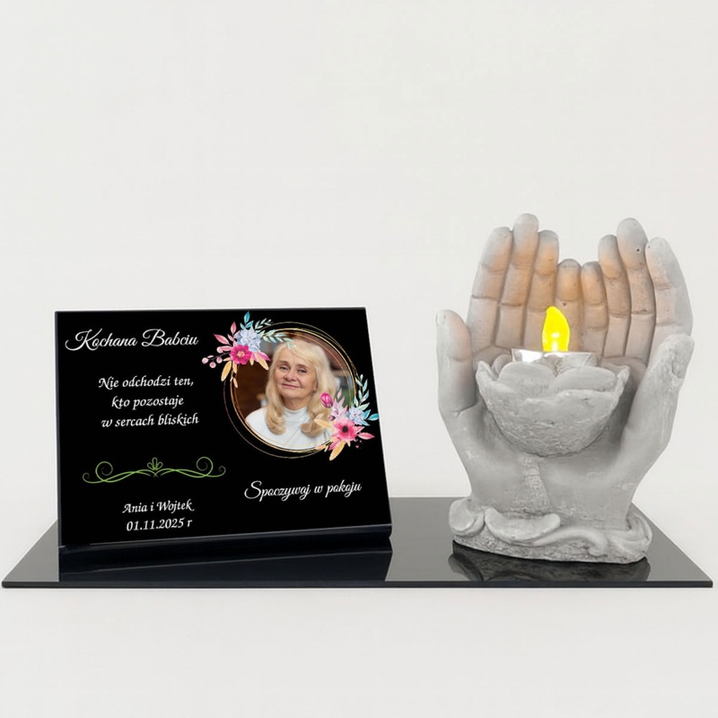 Personalizowana tabliczka pamiątkowa na grób z UV, dłońmi i LED
