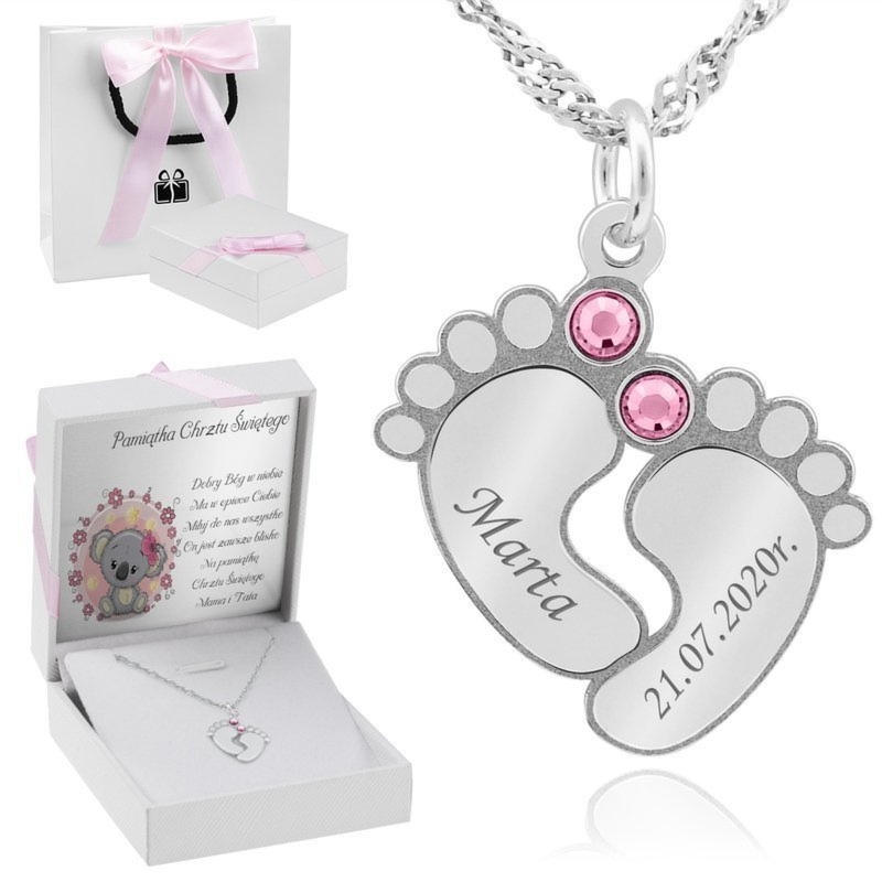 Na chrzest: wisiorek stópki 925 różowe cyrkonie z grawerem