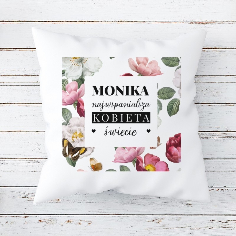 Poduszka na Dzień Kobiet z nadrukiem i imieniem Kwiaty Personalizacja