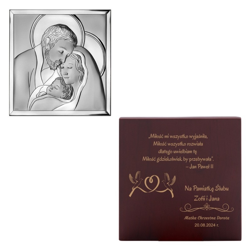 Pamiątka ślubu: obrazek Św. Rodzina MIRO-SILVER® z grawerem