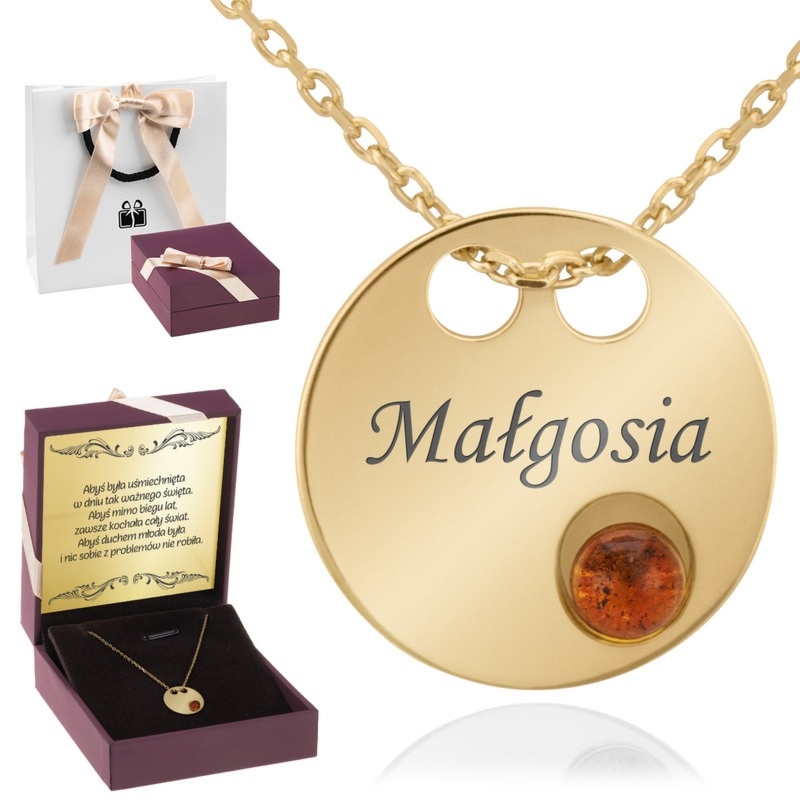 Naszyjnik celebrytka pozłacany 925 z bursztynem i grawerem
