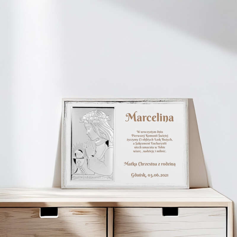 Pamiątka I Komunii dla dziewczynki obrazek z grawerem MIRO-SILVER