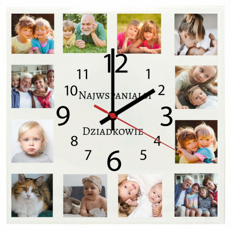 Dzień Babci i Dziadka szklany zegar z kolażem zdjęć z personalizacją