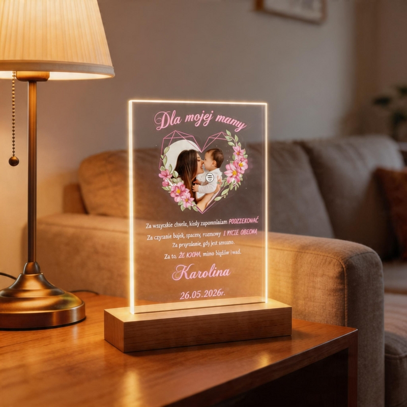 Podświetlana ramka LED z akrylu na drewnianej podstawie z personalizacją