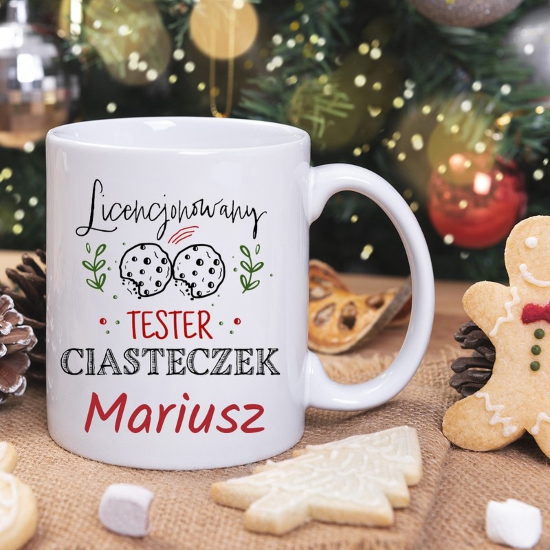 Świąteczny kubek Tester Ciasteczek z imieniem, biały błyszczący