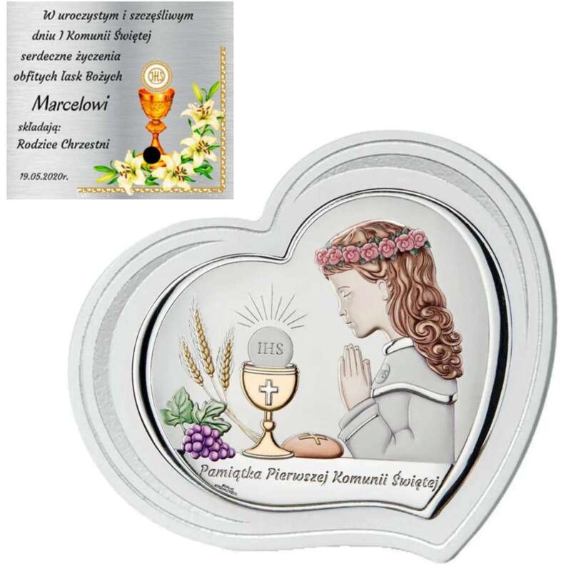 Komunijny obrazek Valenti&Co dziewczynka na białym drewnie z dedykacją