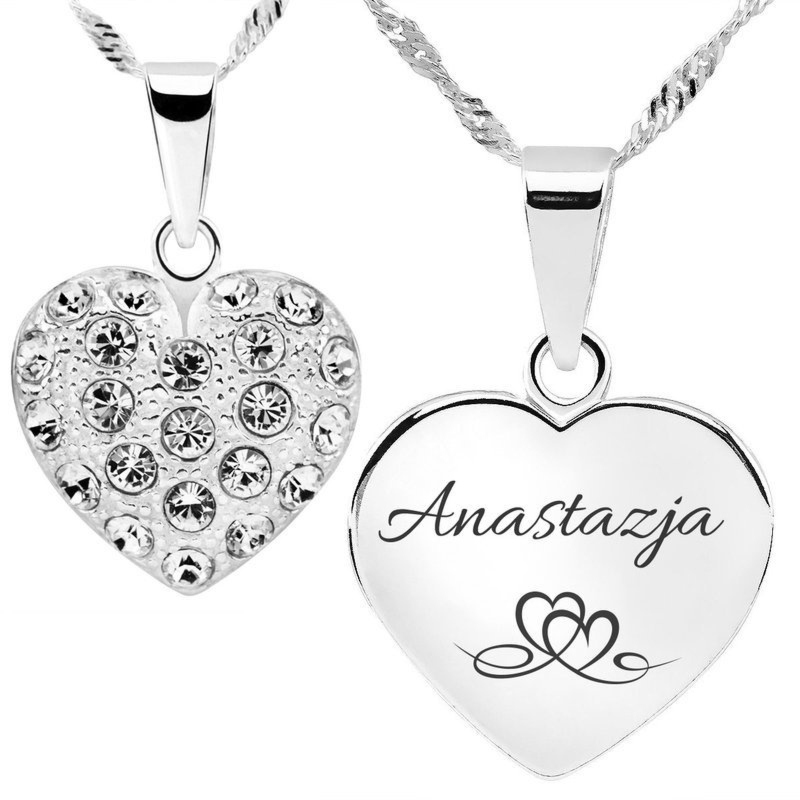 Na Walentynki srebrny wisiorek serce z kryształami i grawerem