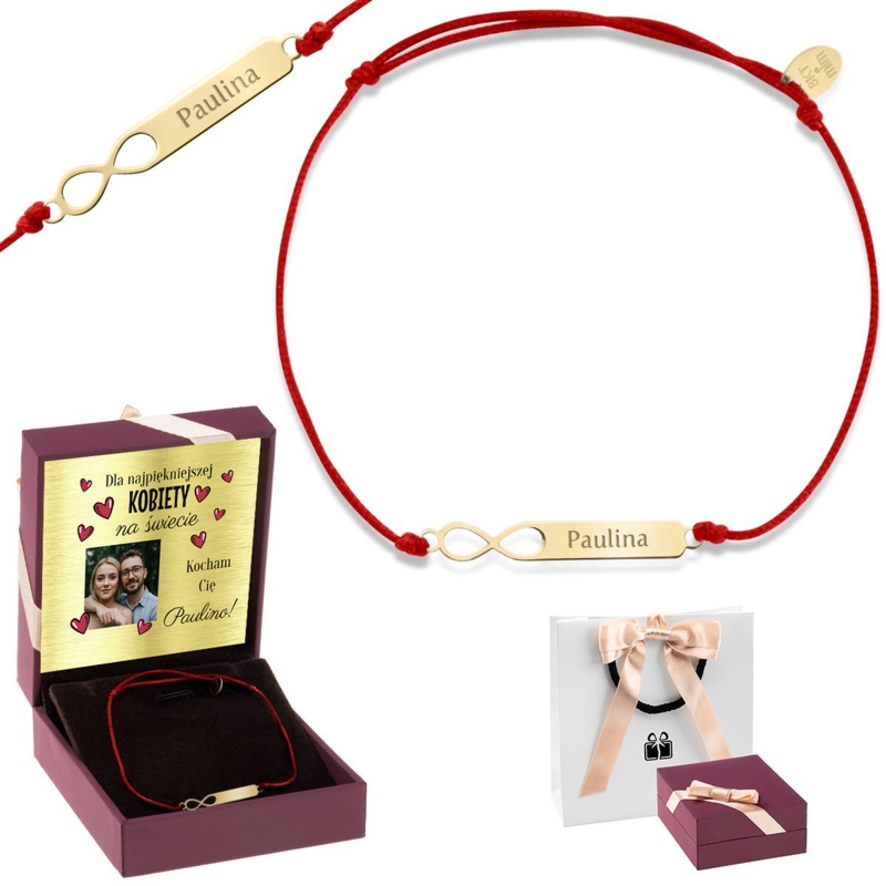 Bransoletka sznurkowa czerwona nieskończoność złoto 333 z grawerem