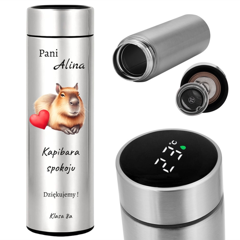 Prezent dla nauczyciela: srebrny kubek termiczny LED z nadrukiem UV