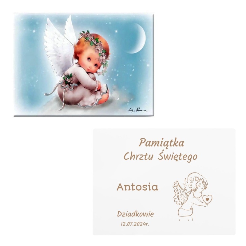 Na chrzest lub roczek: ręcznie malowany aniołek z grawerem
