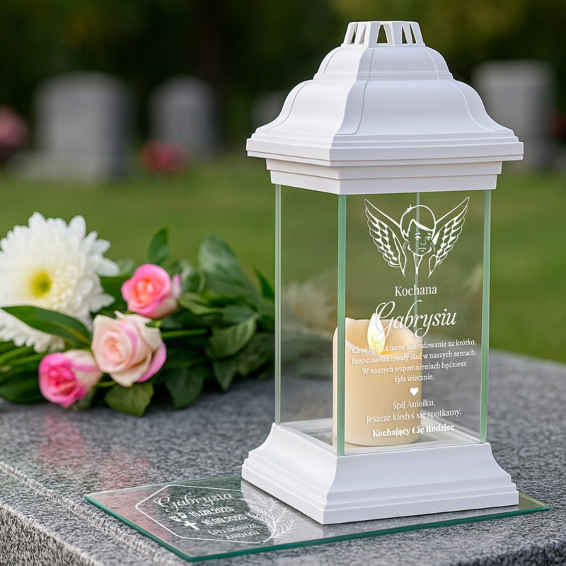 Znicz kapliczka na grób z grawerem, wkład LED i podstawka