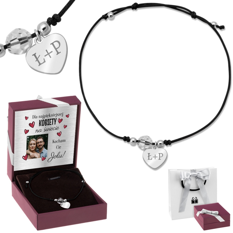 Bransoletka na czarnym sznurku pr 925 z grawerem na sercu