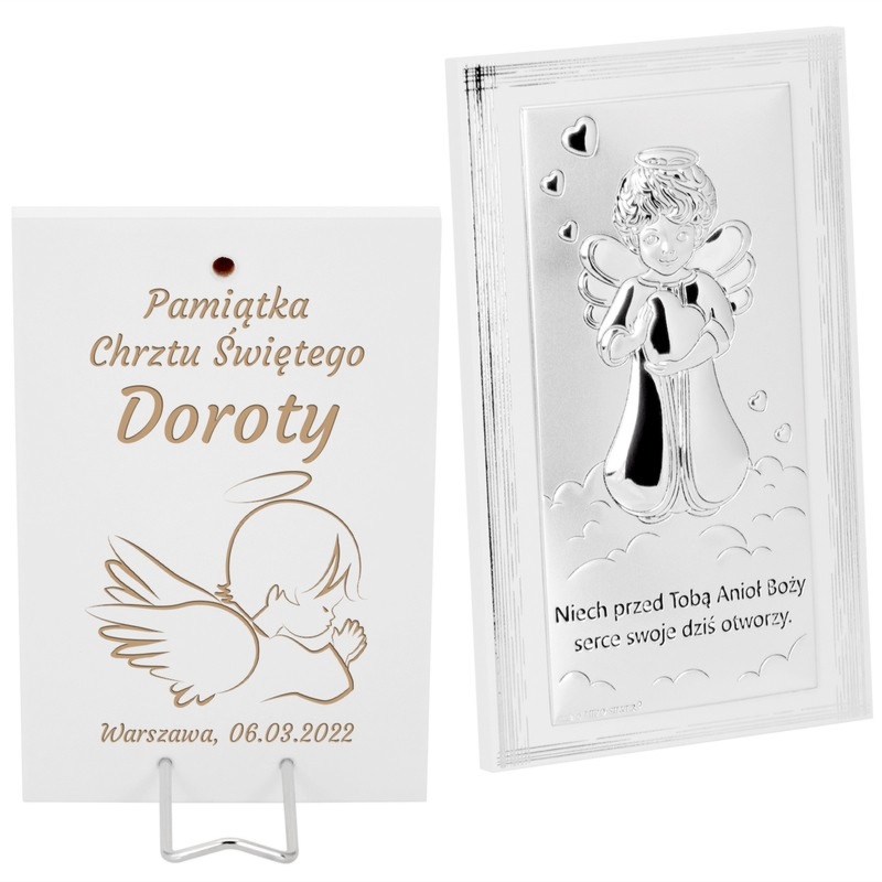 Obrazek na Chrzest Anioł Stróż dla chłopca, posrebrzany z grawerem