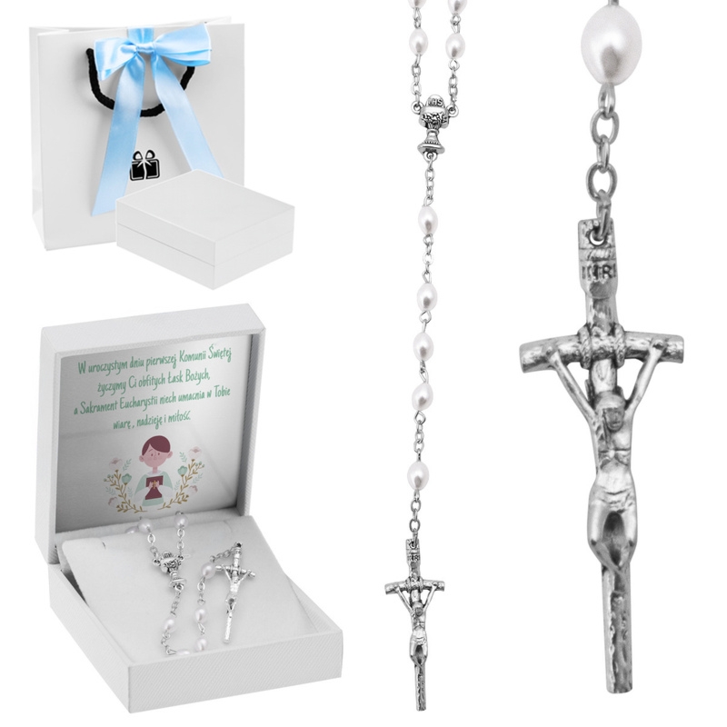 Różaniec komunijny z perłowymi paciorkami – elegancki prezent na I Komunię Świętą