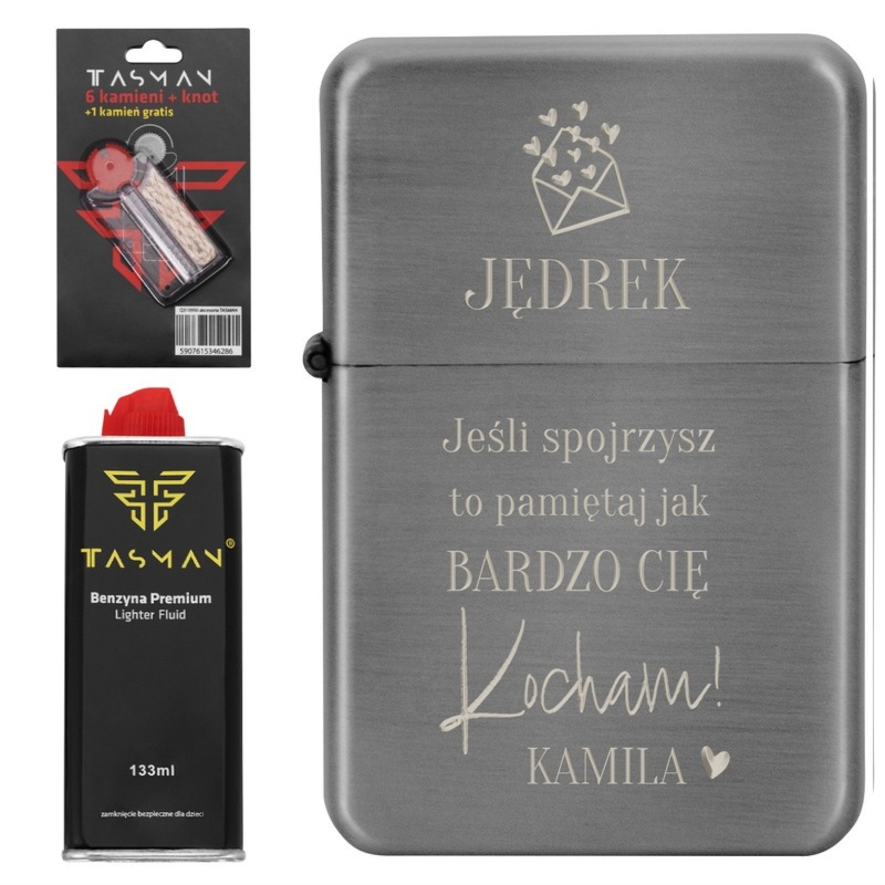 Zapalniczka benzynowa Tasman szary metal z grawerem i benzyną