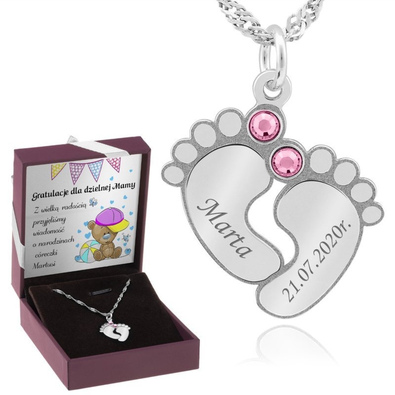Na chrzest: wisiorek stópki srebro 925 z grawerem i łańcuszkiem