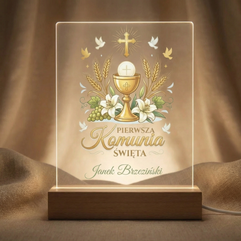 Ramka LED na Komunię z personalizacją, nadrukiem UV i światłem