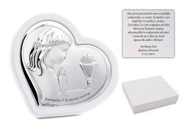 Obrazek komunijny dziewczynka 925 Valenti&Co z dedykacją, białe drewno