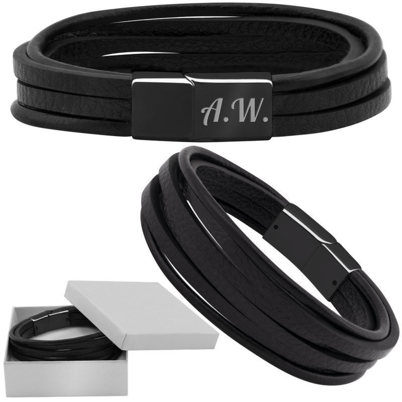 Czarna bransoletka eko skóra 316 L z grawerem w eleganckim pudełku