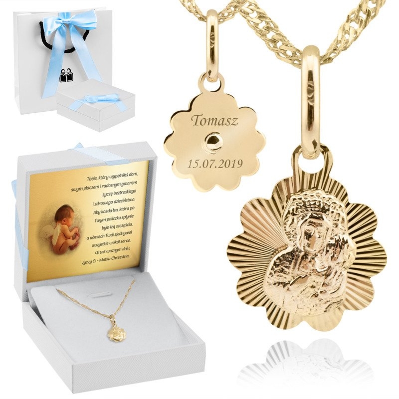 Złoty medalik łańcuszek pr. 585 na chrzest komunię Grawer