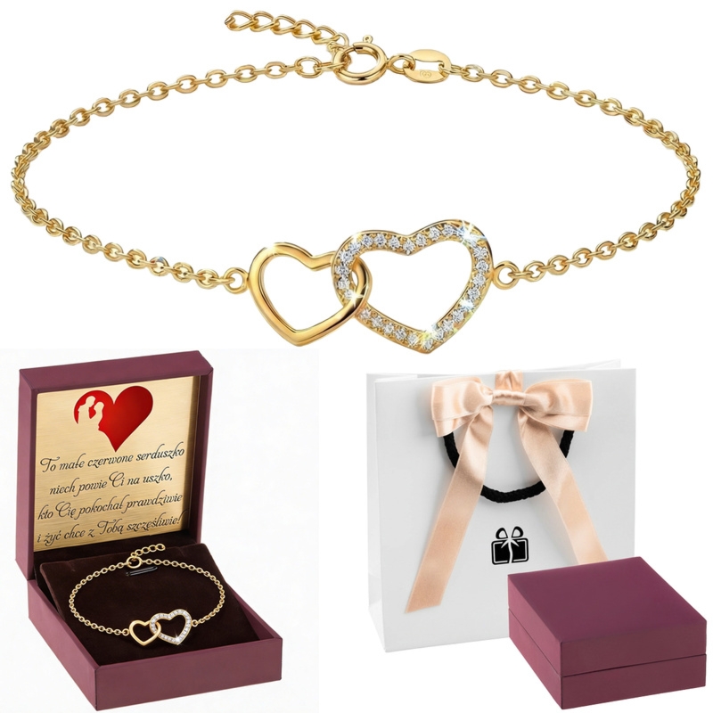 Bransoletka złączone serca srebro 925 pozłacana z dedykacją