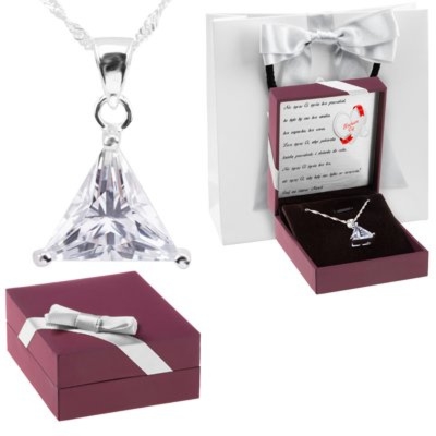 Chrzest: Srebrny wisiorek trójkąt z cyrkonią i dedykacją w pudełku