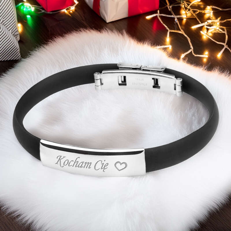 Srebrna bransoletka kauczukowa z grawerem na stalowym elemencie