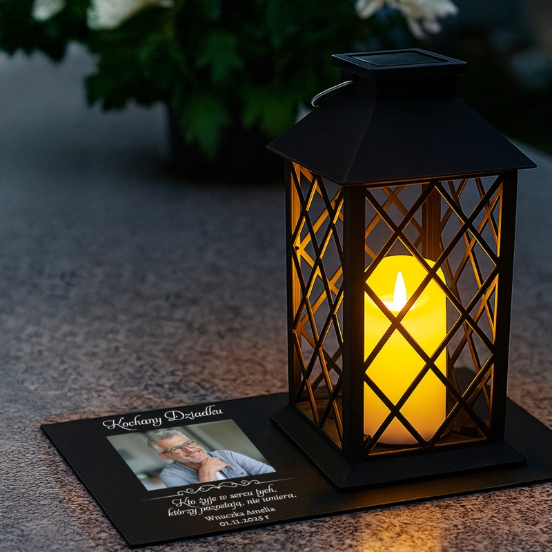 Lampion solarny LED dla Dziadka z personalizacją UV na podstawce